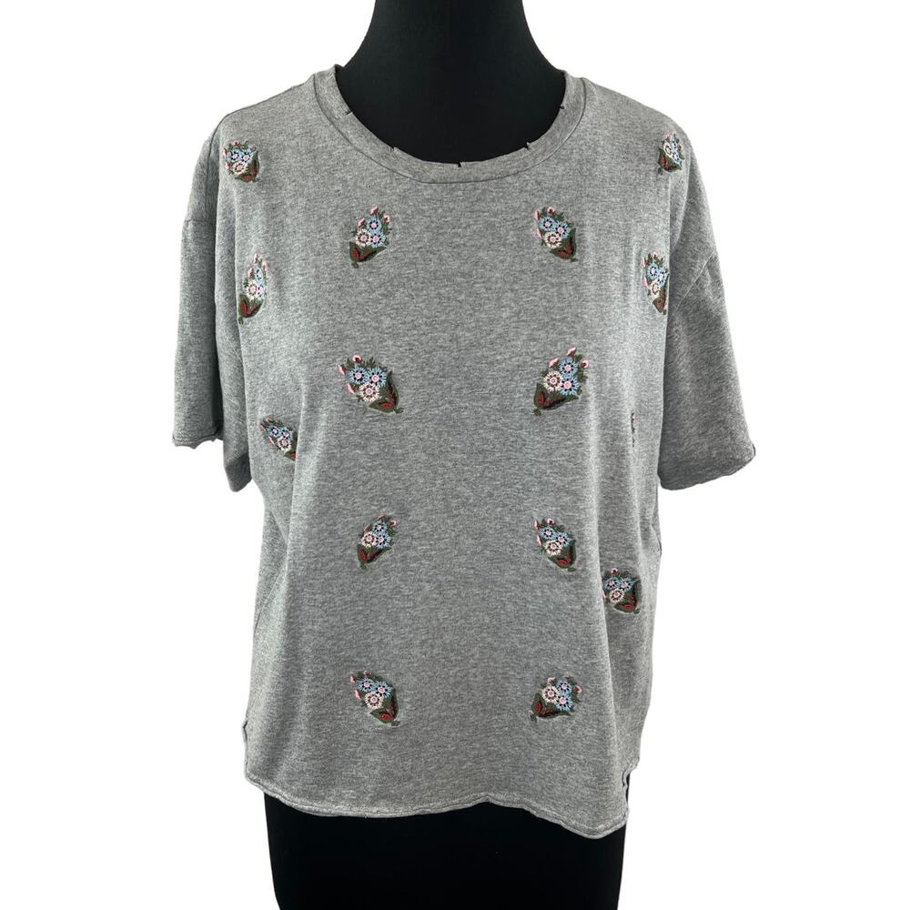 REBECCA MINKOFF Floral Embroidered T-Shirt Top Tee Gray Cotton Crewneck Size L